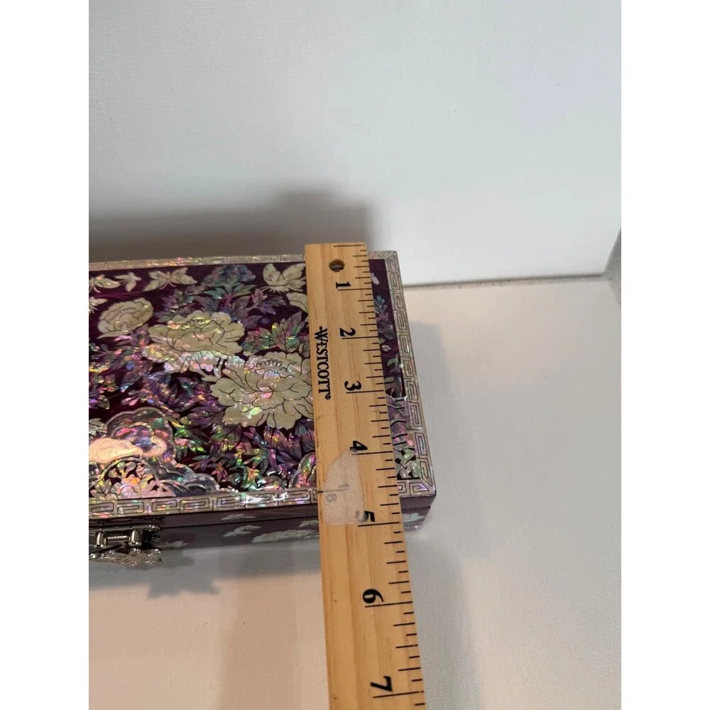 Handmade Korean Mother of Pearl Peony Jewelry Box Wooden Mirror Case Purple